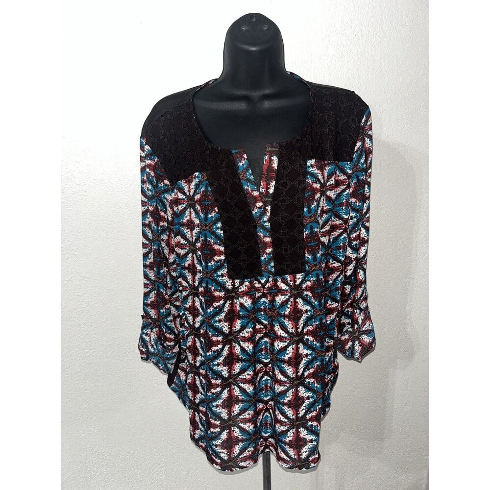 Black Rain Long Sleeve Blouse Women XL Eyelet Lace Collar Tied 3/4 Sleeves